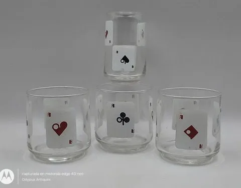 Lote Vasos De Cristal Con Figuras Cartas Póker Vintage 70's Transparente Con Negro Y Rojo