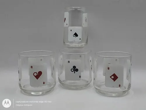 Lote Vasos De Cristal Con Figuras Cartas Póker Vintage 70's Transparente Con Negro Y Rojo — Coleccionables vintage, años 70s