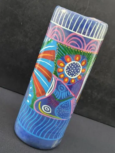 Vaso Artesanal Con Flores De Arcilla 18.5cm 500ml Usado Azul Floreado
