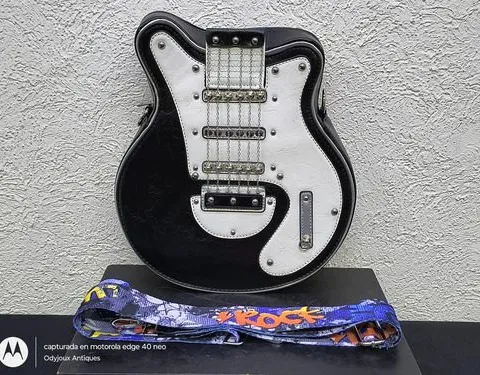 Bolsa Cruzada Con Forma De Guitarra Retro Vintage Para Mujer Negro Con Blanco Lisa Níquel Colores