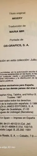 Misery Stephen King Plaza Y Janes Editores 4ta Ed. 1991 Barc