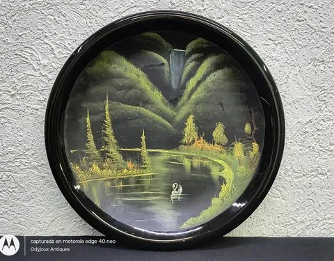 Plato Antiguo Pintado A Mano Paisaje Cisne Óleo Vintage 70s Negro Plato Antiguo Pintado A Mano Paisaje Cisne Al Óleo Vintage Años 70's