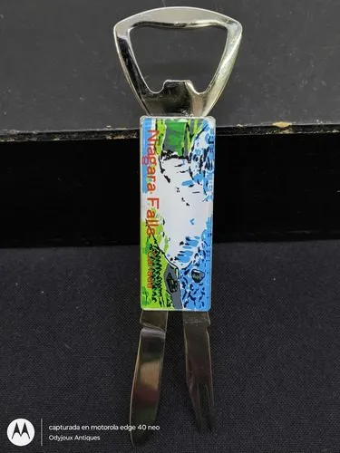 Destapador Abre Botellas Navaja Vintage Niágara Falls Metal Plateado Con Azul Y Verde