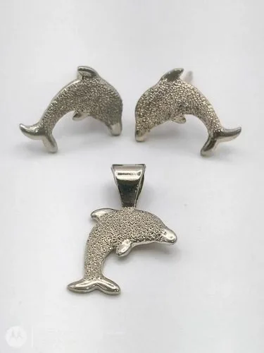 Aretes Y Dije Delfines En Plata Fina .925 Usado Plateado — Coleccionables vintage