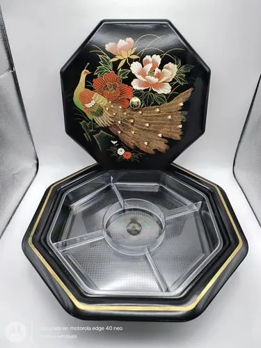 Charola Botanera Octagonal Japonesa Pavo Real Vintage 70's Negro