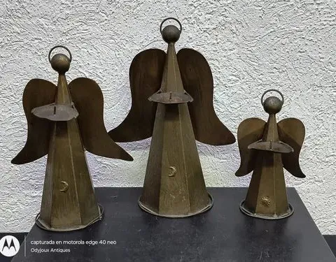 Set Candelabros Trio De Ángeles De Latón Vintage Original Cobrizo