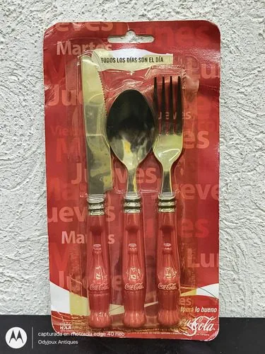 Set De Cubiertos Coca Cola 3pz Tenedor Cuchillo Cuchara Orig Rojo — Coleccionables vintage