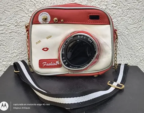 Bolsa Forma De Cámara Fotográfica Retro Vintage Roja Crossbo Rojo Liso Brilloso Oro Negro
