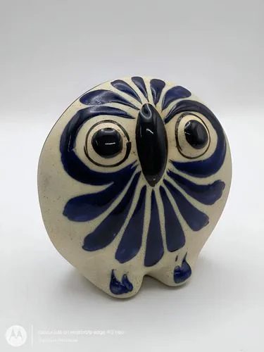 Escultura Búho Artesanal D Arcilla Souvenir Guadalajara 11cm Azul — Decoración vintage