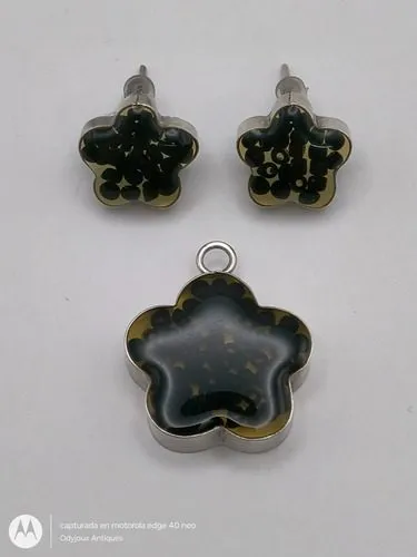 Juego Aretes Y Dije Flor Encapsulado Plata Fina .925 Usado Negro