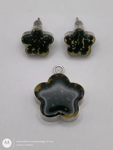 Juego Aretes Y Dije Flor Encapsulado Plata Fina .925 Usado Negro — Coleccionables vintage