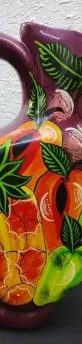 Jarrón Florero Artesanal Oaxaqueño Frutas Barro Usado 35cm Morado Verde Rojo Naranja Amarillo Frutas — Decoración vintage