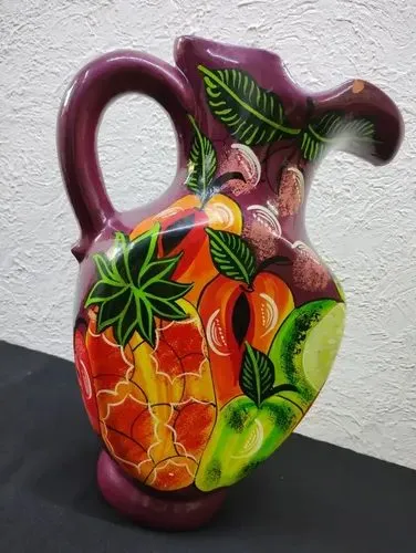 Jarrón Florero Artesanal Oaxaqueño Frutas Barro Usado 35cm Morado Verde Rojo Naranja Amarillo Frutas