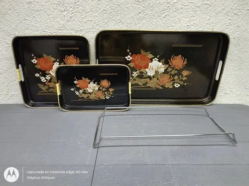 Conjunto 3 Bandejas Japonesas Vintage Lacquerware Tray Set Negro — Decoración vintage, años 70s