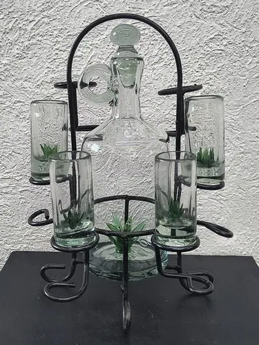 Set Licorera Artesanal Tequilero De Vidrio Soplado Vintage Transparente Con Verde