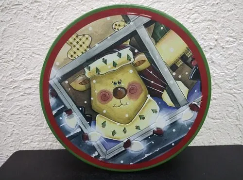 Caja Metálica Navideña Reno Promocional Galletas Vacia Verde Musgo Navideña Reno — Coleccionables vintage