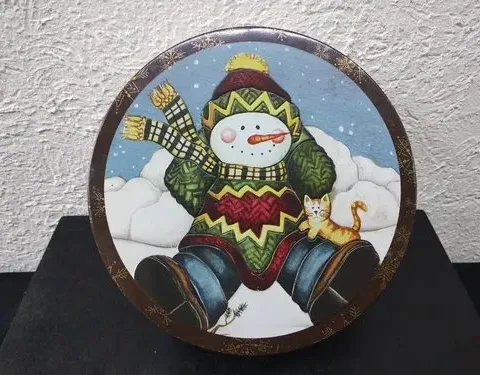Caja Metálica Navideña Muñeco Nieve Promocional Vacia Azul Claro Navideña Muñeco De Nieve