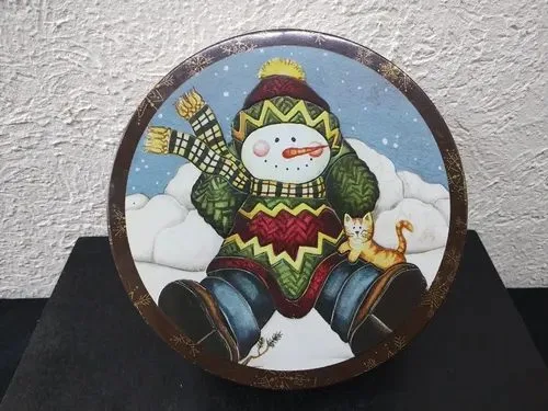 Caja Metálica Navideña Muñeco Nieve Promocional Vacia Azul Claro Navideña Muñeco De Nieve — Coleccionables vintage