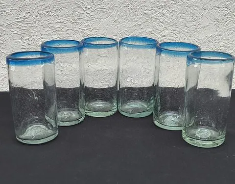 Set Vasos Artesanales De Vidrio Soplado Jumbo 6-pack Usados Azul