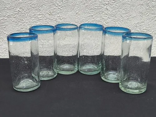 Set Vasos Artesanales De Vidrio Soplado Jumbo 6-pack Usados Azul — Coleccionables vintage