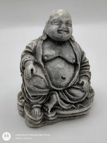 Estatua Buda Gordo Y Sonriente De La Suerte Artesanal D Yeso Gris — Decoración vintage
