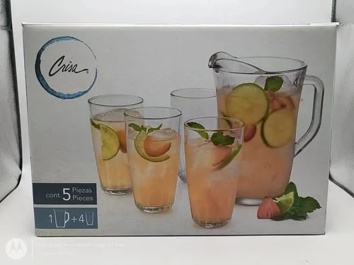Juego De Jarra Y Vasos Crisa De Vidrio 5pz En Caja Transparente — Decoración vintage