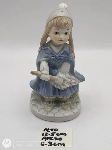 Figura De Porcelana Niña Con Paraguas Y Gorro Vintage Origin Azul Y Blanco