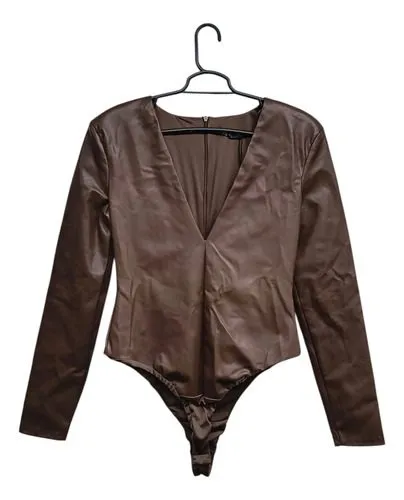 Body De Piel Sintética Marca Zara Talla 28mx (s) Original Marrón Oscuro Liso 28mx Small