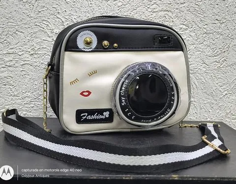 Bolsa Forma De Cámara Fotográfica Retro Vintage Negro Cross Negro Con Blanco Lisa Brillosa Oro Blanco Con Negro
