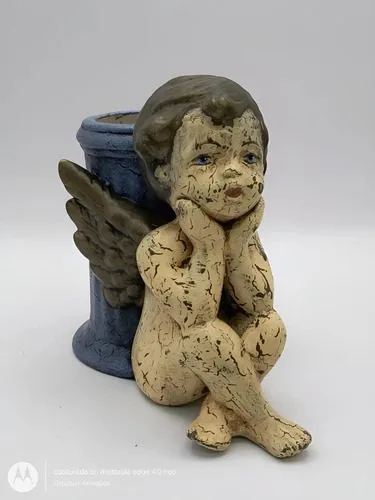 Estatua De Ángel Sentado Lapicero Cerámica/yeso Vintage 15cm Azul Beige Dorado — Decoración vintage