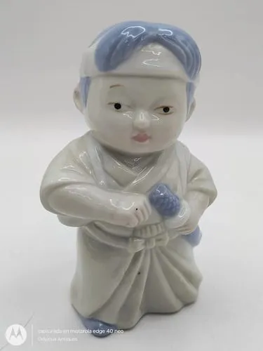 Figura Mujer Ninja De Porcelana Antiguo 13cm Vintage Orig Azul Con Blanco
