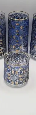 Lote Vasos De Cristal Marroquí Vintage Años 70's 8-pack Azul Cobalto Y Dorado Filo De Oro — Coleccionables vintage, años 70s