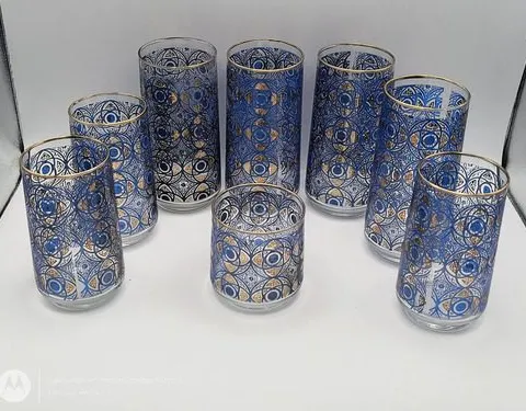 Lote Vasos De Cristal Marroquí Vintage Años 70's 8-pack Azul Cobalto Y Dorado Filo De Oro