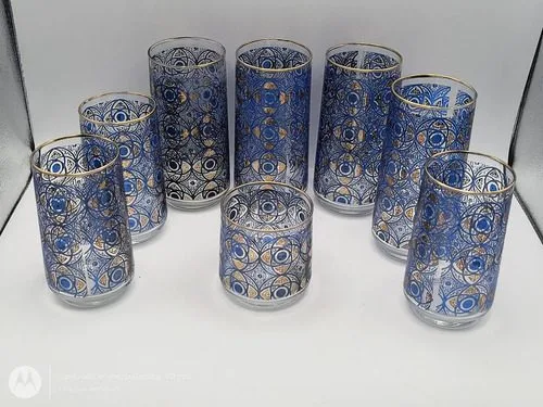 Lote Vasos De Cristal Marroquí Vintage Años 70's 8-pack Azul Cobalto Y Dorado Filo De Oro — Coleccionables vintage, años 70s