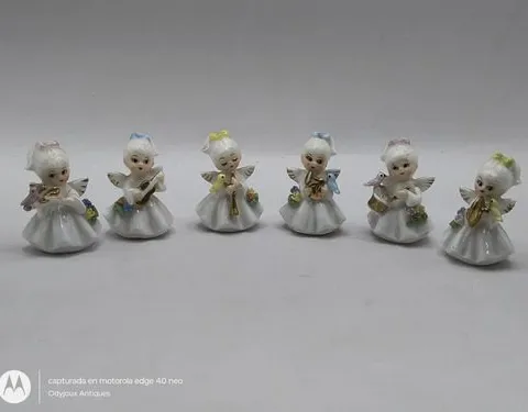 Set 6 Mini Angeles De Porcelana Músicos Taiwan Vintage 70's Beige