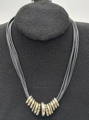 Collar Deslizante Aros Variados Acero Inox Cordones Caucho Plateado Con Negro — Coleccionables vintage