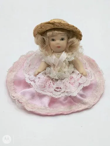 Muñeca De Porcelana Miniatura Vestido Rosa 80's Vintage 8cm