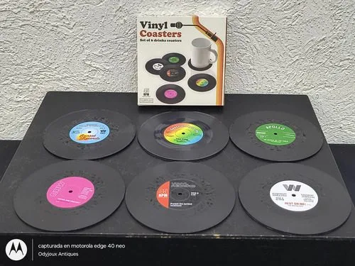 Set 6 Posavasos Mini Disco Vinil Vintage Retro Portavasos Mini Discos Vinilo Negro — Audio vintage, años NOW