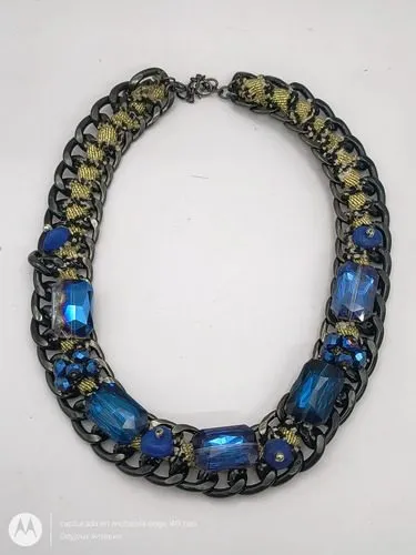 Collar Gargantilla Metálico Azul/negro Ahumado Con Pedreria Azul