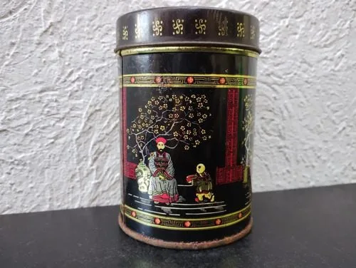 Bote/lata Vintage Negro Dorado Patrón Asiático Floral 80's — Coleccionables vintage, años 80s