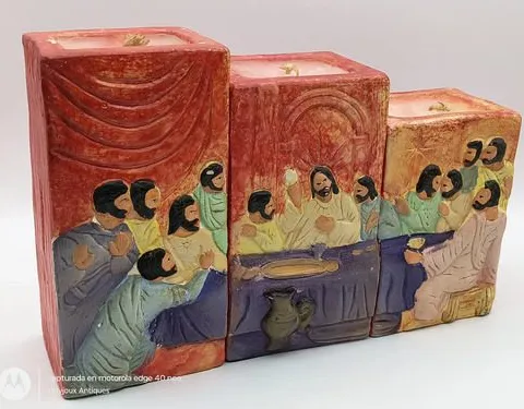 Set Velas De Cerámica Imagen Última Cena Y Cristo Vintage Rojo Set 3-pack Velas De Cerámica Artesanal Imagen Última Cena Y Cristo Vintage Sin Aroma