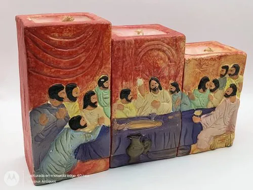 Set Velas De Cerámica Imagen Última Cena Y Cristo Vintage Rojo Set 3-pack Velas De Cerámica Artesanal Imagen Última Cena Y Cristo Vintage Sin Aroma — Decoración vintage