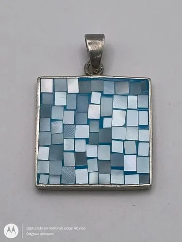 Dije Cuadro Con Mosaico En Nácar Azul Montado En Plata .925  Turquesa — Decoración vintage