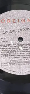 Disco Lp Vinilo Foreigner - Inside Information Atlantic 1987 — Audio vintage, años 80s (foto 8)